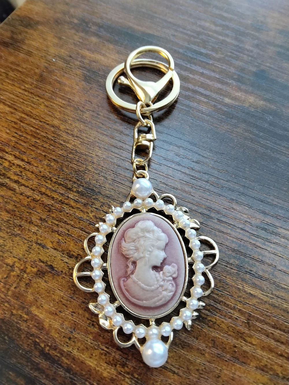 Gold Pearl Cameo Keychain - Elegant Pink Cameo Pendant